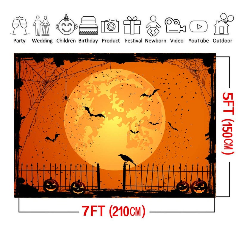 CYLYH 7x5ft Happy Halloween Orange Backdrop Halloween Eve BackdropHalloween Party Lantern Moon Bat Spider Web Graveyard Fence Photography Background Party Decorations - Image 3